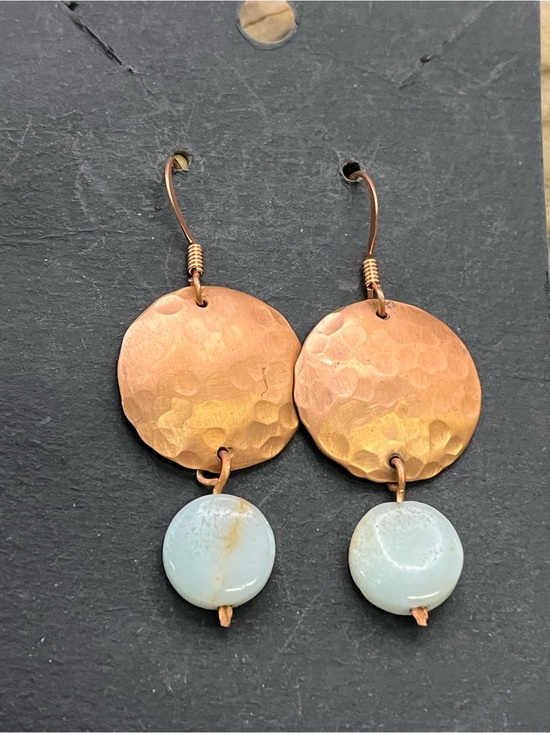 Jewelry - Handmade Hammered Copper Amazonite Dangle Earrings Boho Artisan Gemstone Disc